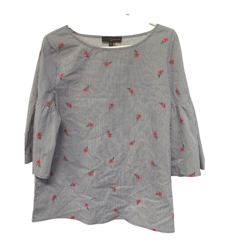 Fred David Blue Striped Blouse with Pink Rose Embroidery
